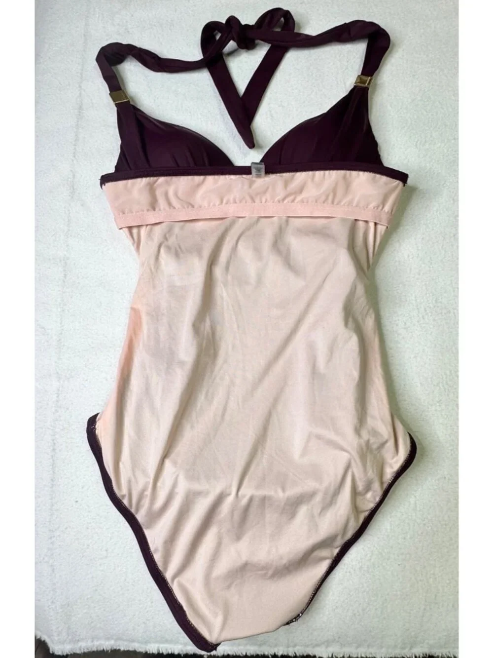 Victorias Secret Swimsuit  Size S Small Ruched Plum One Piece Halter Gold Detail